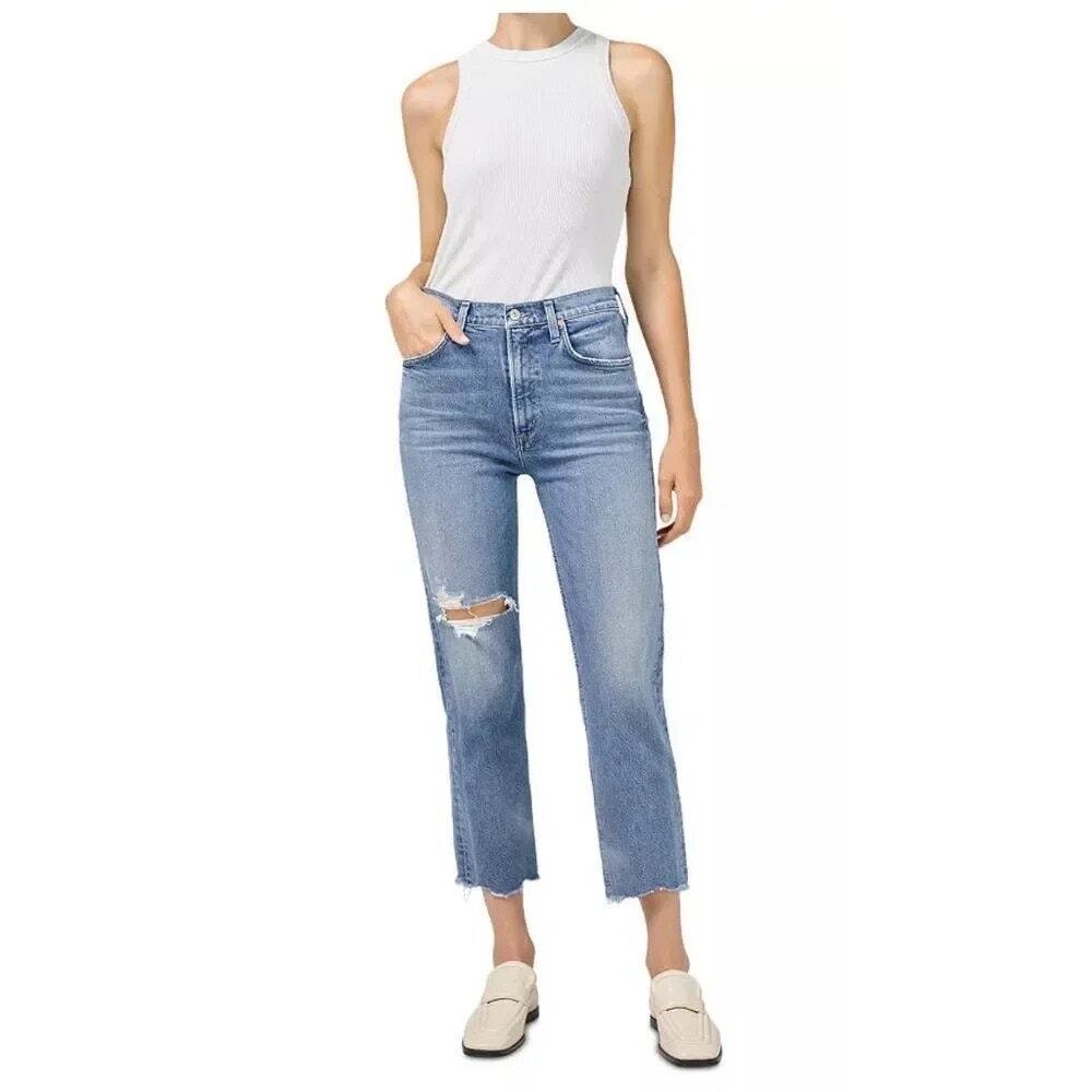 Citizens of Humanity Daphne Crop Jeans 26 High Rise Straight Distressed Raw Hem